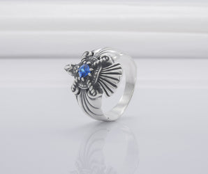 925 Silver Handmade Ring With Raven And Blue Gem, Handcrafted Jewelry