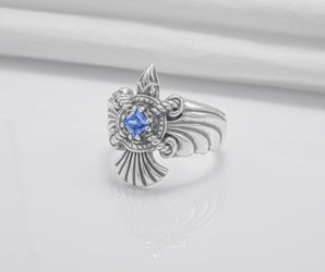 925 Silver Handmade Ring With Raven And Blue Gem, Handcrafted Jewelry