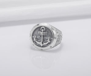 Handmade 925 Silver Ring With Anchor And Sea, Handcrafted Jewelry