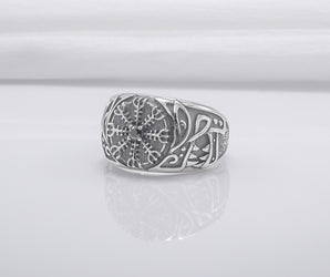 Unique 925 Silver Ring With Vegvisir And Gem, Handmade Jewelry