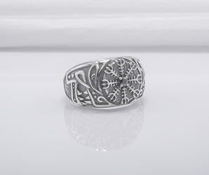 Unique 925 Silver Ring With Vegvisir And Gem, Handmade Jewelry