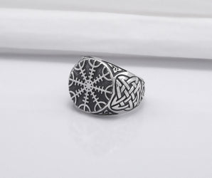 Sterling Silver Helm of Awe Ring with Celtic Knots Ornament, Handmade Viking Jewelry