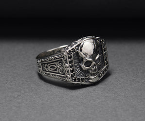 925 Silver Skull Signet Ring with Ornament, Handcrafted Biker Jewelry