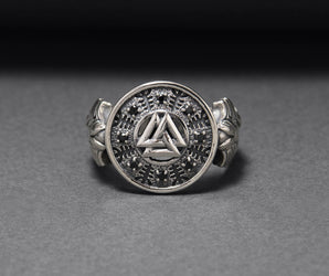 Sterling Silver Valknut Symbol Ring with Helm of Awe, Handcrafted Viking Jewelry