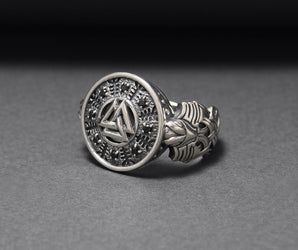 Sterling Silver Valknut Symbol Ring with Helm of Awe, Handcrafted Viking Jewelry