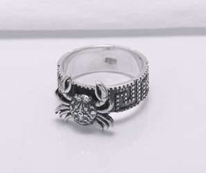 925 Silver Crab Ring with Greek Ornament, Handcrafted Marine Jewelry