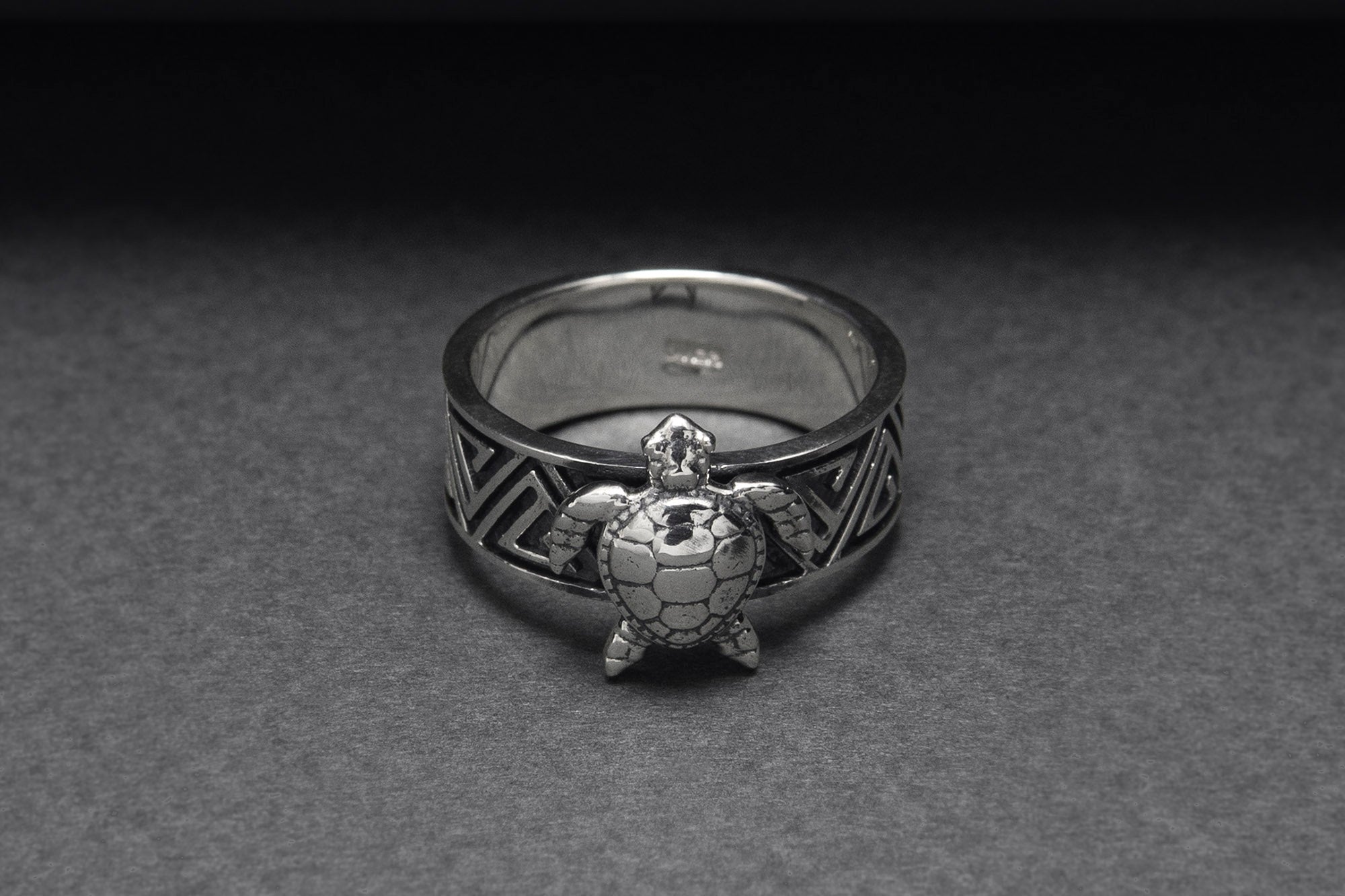 925 Silver Turtle Ring with Greek Ornament, Handcrafted Marine