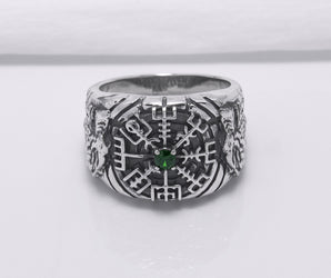 925 Silver Vegvisir Signet Ring with Green Gem and Ornament, Handcrafted Viking Jewelry