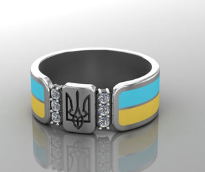 Ukrainian Trident Sterling Smooth Silver Ring with Flag and Gems, Made in Ukraine Jewelry