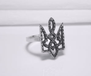Sterling Silver Ukrainian Trident Ring with Flowers, Made in Ukraine Jewelry