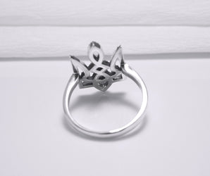 Sterling Silver Ukrainian Trident Ring with Flowers, Made in Ukraine Jewelry