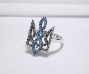 Sterling Silver Ukrainian Trident Ring with Flowers and Blue Gems, Made in Ukraine Jewelry