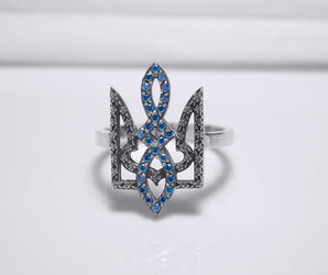 Sterling Silver Ukrainian Trident Ring with Flowers and Blue Gems, Made in Ukraine Jewelry