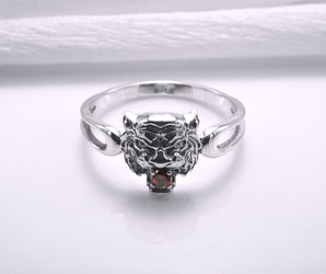 925 Silver Tiger Ring with Red Gem, Handmade Animal Jewelry