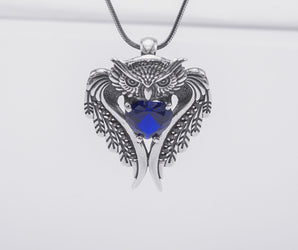 Sterling Silver Owl Pendant with Blue Gem, Handmade Animal Jewelry
