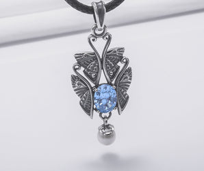 Unique Sterling Silver Pendant With Butterflies and Gem, Handcrafted Jewelry