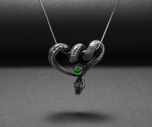 Sterling Silver Snake Pendant with Green Gem, Unique Animal Jewelry